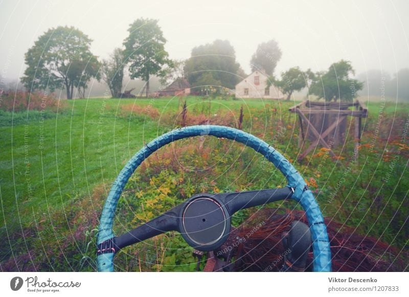 Blue electrical tape on the steering wheel of the car Life House (Residential Structure) Nature Landscape Clouds Autumn Fog Tree Grass Village Transport Car Old