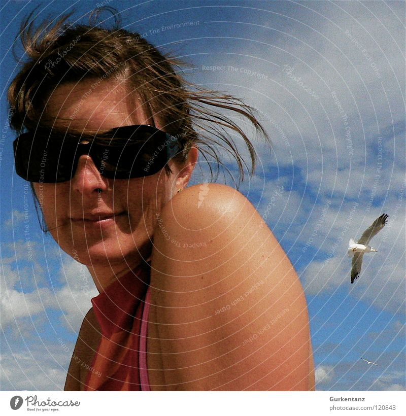 Lady Seagull Sunglasses Woman Portrait photograph Clouds Rügen Beautiful Beach Coast Sky Hair and hairstyles Wind Laughter Face Human being