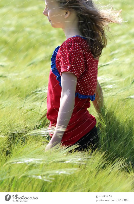 Wind in your hair... Child Girl Infancy Hair and hairstyles 8 - 13 years Spring Summer Plant Agricultural crop Barleyfield Grain Cornfield Think Relaxation