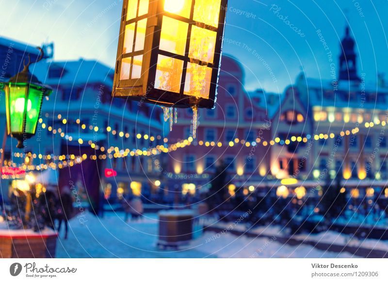 Yellow and green lights on the background of the old town Design Beautiful Winter Decoration Lamp Mail Art Sky Small Town Building Architecture Street Old Dark
