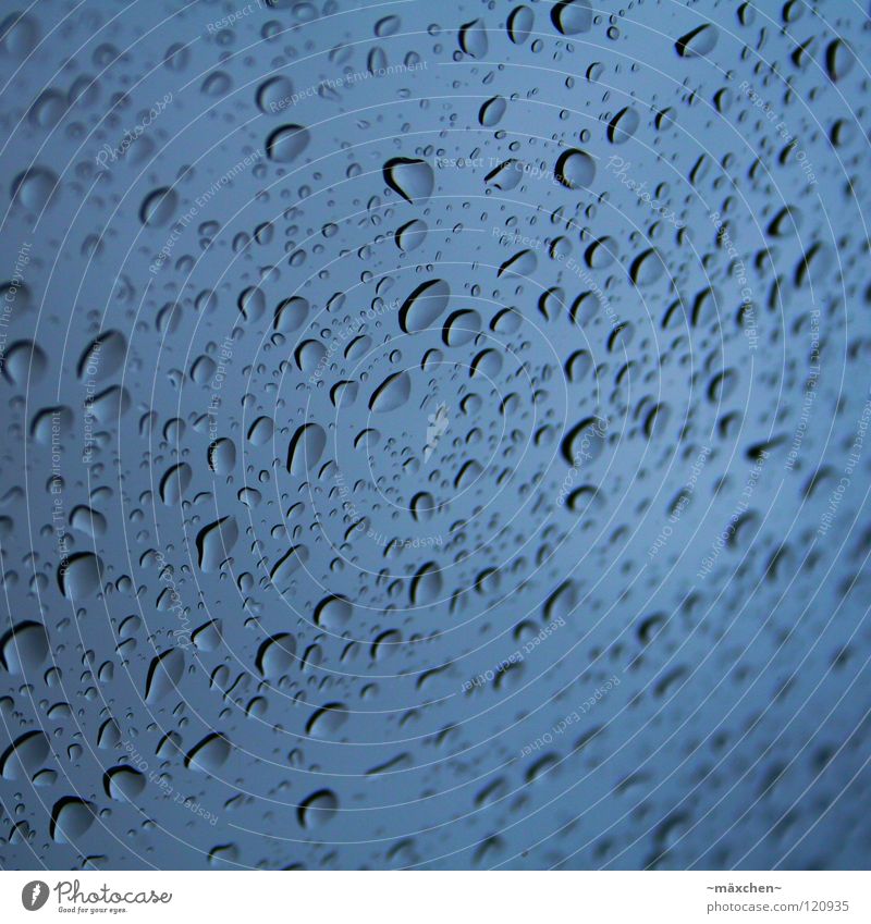 Rain over rain Acid rain Inject Window pane Fluid Wet Damp Light Water Aviation Sky raindrops Drops of water Blue focus curve from the inside