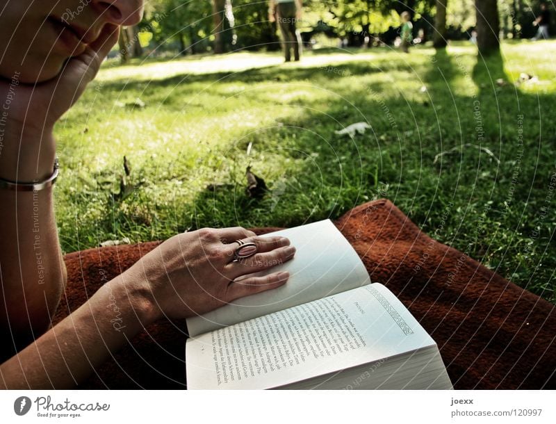 immersion Tree Book Closing time Vacation & Travel Woman Leisure and hobbies Spring Green Park Hand Young woman Reading Light Lawn for sunbathing Afternoon