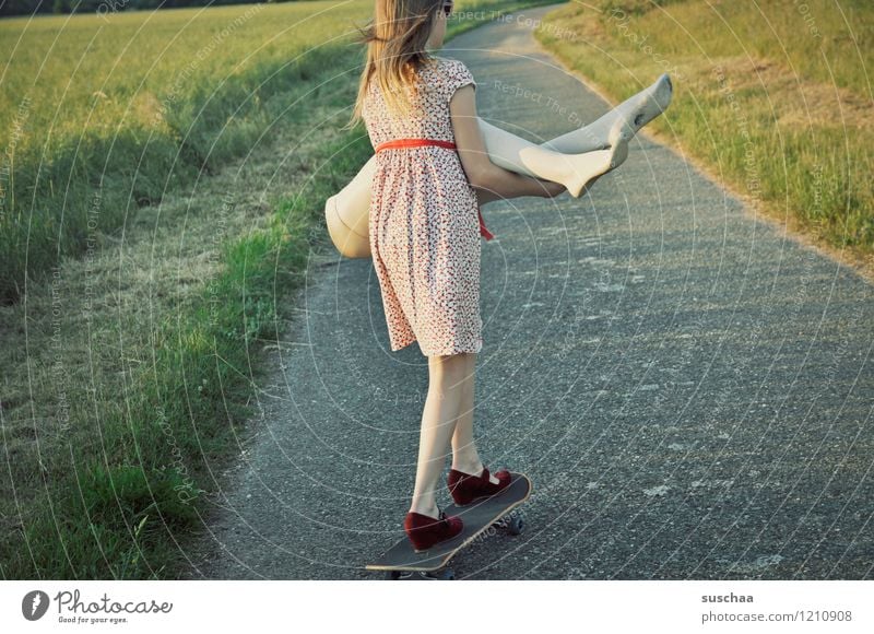 pause is over ... Nature Exterior shot Summer Warmth Lanes & trails Grass Child Girl Skateboarding Driving Dress Mannequin Legs Abdomen Lift Carrying Infancy