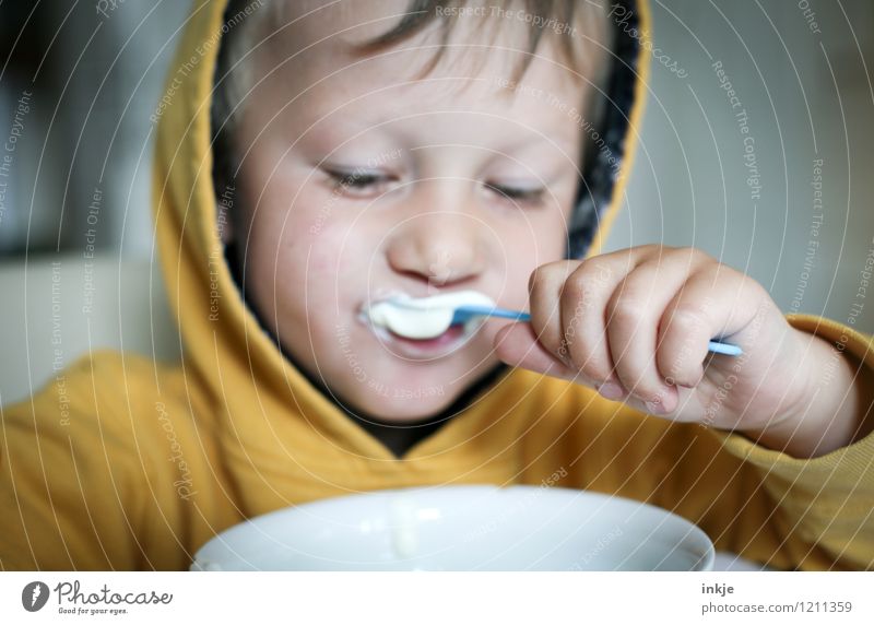 breakfast Yoghurt Nutrition Eating Breakfast Bowl Spoon Lifestyle Child Toddler Boy (child) Infancy Face Hand 1 Human being 1 - 3 years Hooded (clothing) Fresh