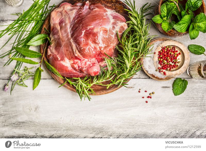 Prepare leg of lamb with fresh herbs Food Meat Herbs and spices Nutrition Lunch Dinner Banquet Organic produce Diet Plate Bowl Style Design Healthy Eating Table