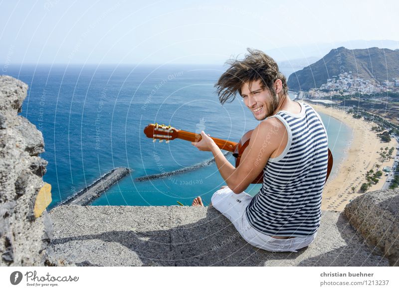 the guitar and the sea Joy Summer Summer vacation Sun Beach Ocean Island Young man Youth (Young adults) 1 Human being 18 - 30 years Adults Musician Guitar