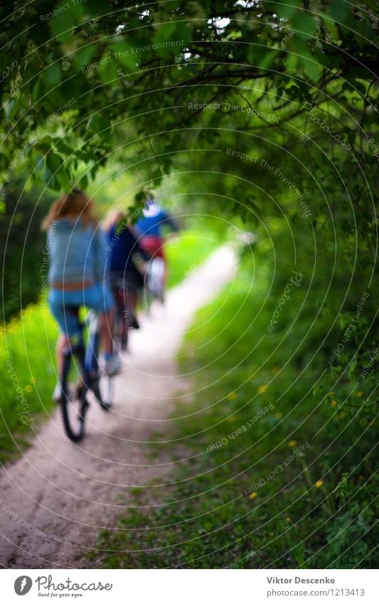 Cyclists in bright clothes riding through the forest path Design Vacation & Travel Summer Cycling Art Nature Flower Park Forest Baltic Sea Transport Street
