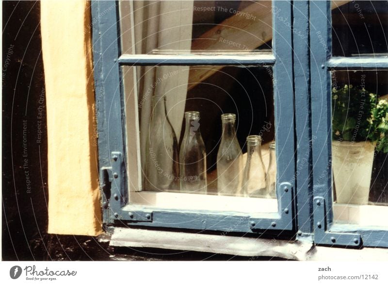 Windows in Denmark Colour photo Exterior shot Detail Deserted Copy Space bottom Day Bottle Living or residing House (Residential Structure) Decoration Flower