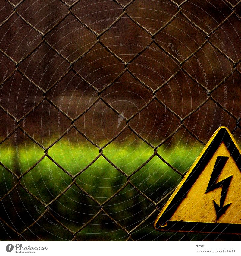 Black-yellow warning of green horizon Fence Wire netting fence Warning sign Green Brown Yellow Adequate Screw Stop Testing & Control Adhere to Triangle Detail