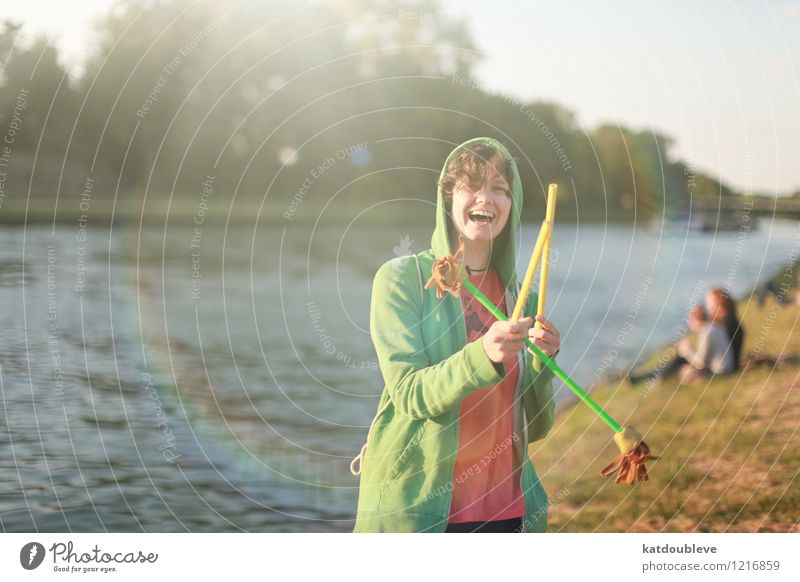 Summer, somewhere, someone, summer Leisure and hobbies Playing Feminine Androgynous Homosexual Artist Circus Water Beautiful weather Lakeside River bank