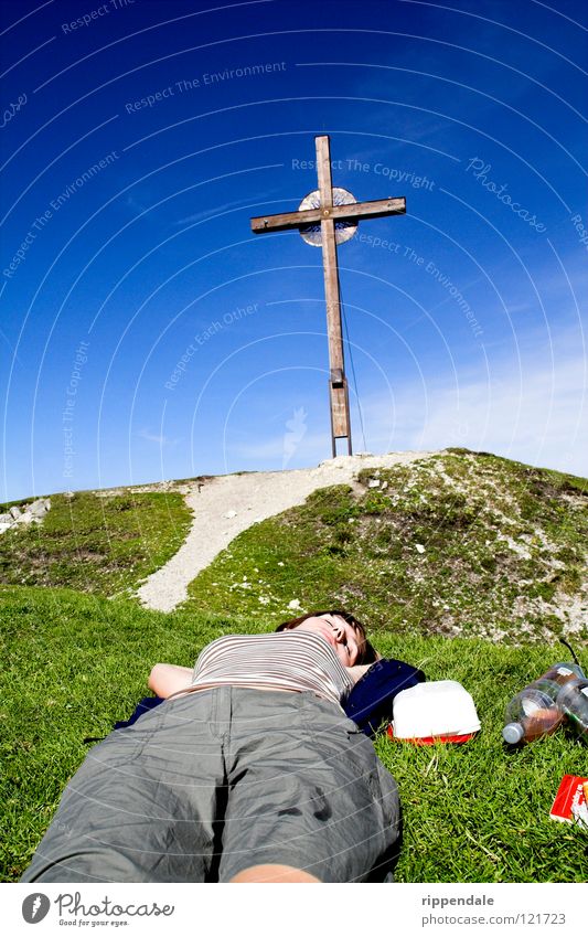 relaxed at the top Peak Peak cross Relaxation Bavaria Sleep Mountaineering Calm Summer Physics Back Contentment Nature Blue sky Sky Lie Climbing Warmth