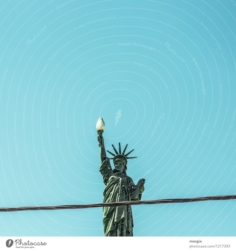 Freedom with limits: a statue of liberty behind a barrier Work of art Tourist Attraction Landmark Monument Statue of liberty Sign Famousness Blue Green