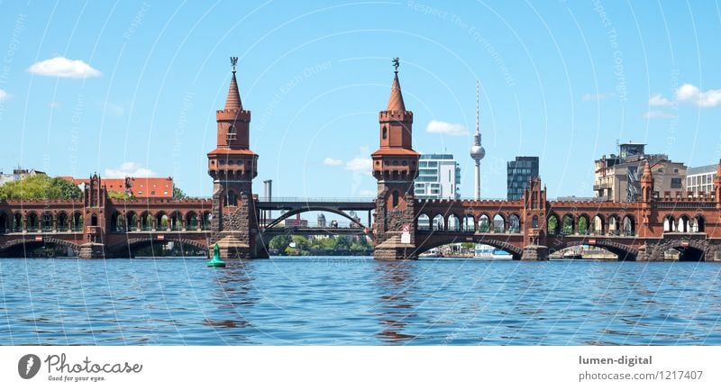 Oberbaum Bridge in Berlin Summer Water Clouds Beautiful weather City hall Tower Manmade structures Architecture Tourist Attraction Landmark Blue Tourism Town