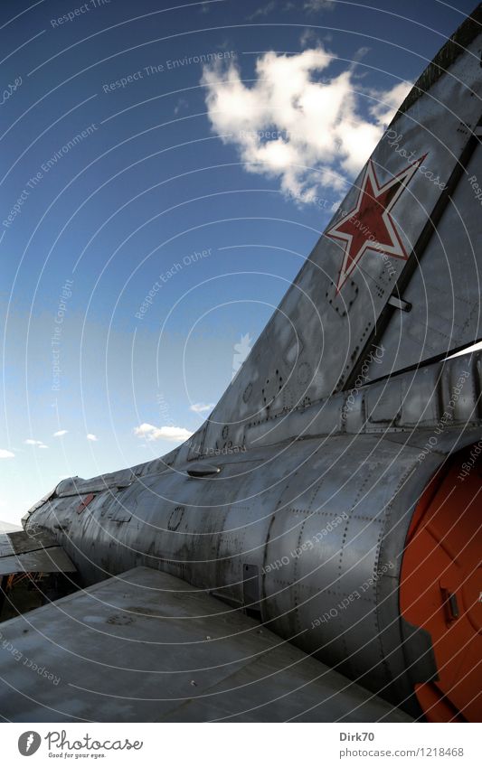 Cold War Dinosaur Sky Clouds Beautiful weather Soviet Union Russia Airplane Cockpit Military aircraft Fighter jet Tail Engines Jet fighter Rivet Tin Metal