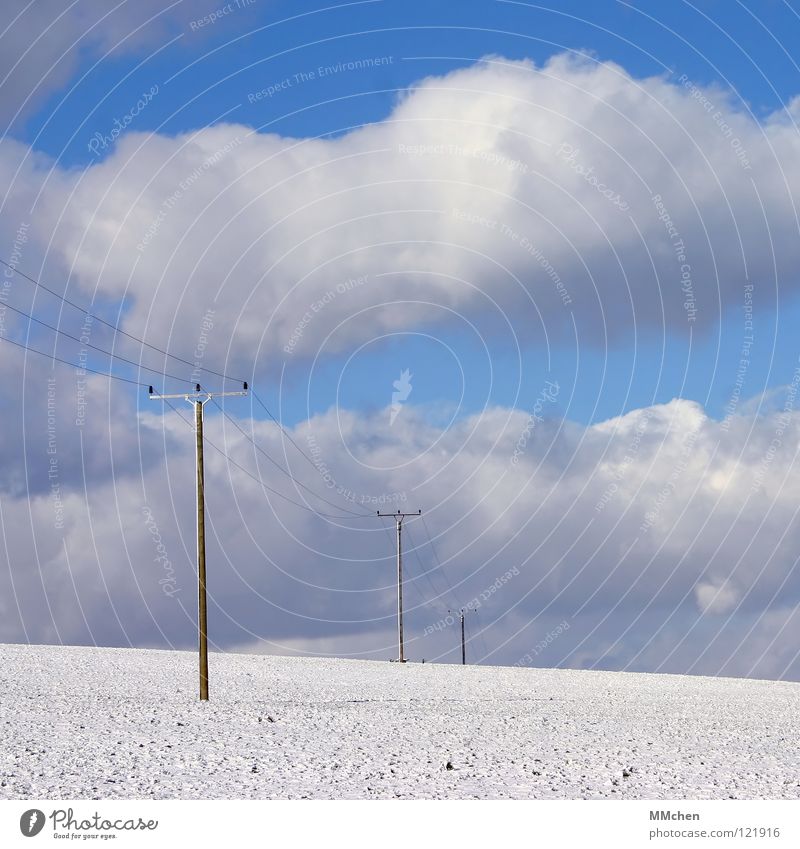 snow from yesterday Clouds Winter Electricity Electricity pylon High voltage power line White Azure blue Sky blue Field Snow Absorbent cotton Bright