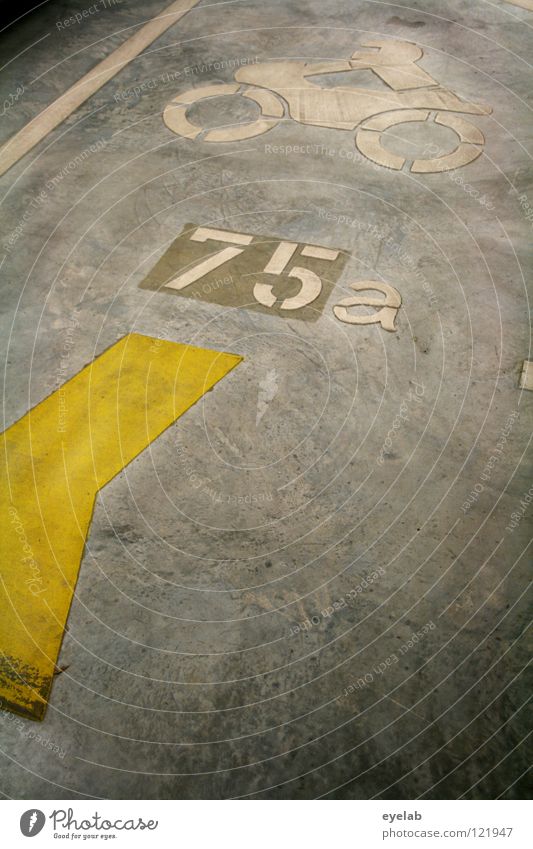 floor covering Asphalt Tar Concrete Paving tiles Stripe Yellow White Gray Typography Digits and numbers 75 Motorcycle Icon Parking garage Garage Parking lot