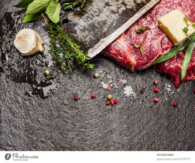 Preparing meat with herbs and spices Food Meat Herbs and spices Lunch Dinner Organic produce Knives Style Design Healthy Eating Life Table Barbecue (apparatus)