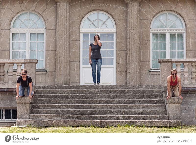 Acceptable Lifestyle Human being Young woman Youth (Young adults) Young man 3 Group 18 - 30 years Adults Sculpture Culture Architecture Stairs Facade Window