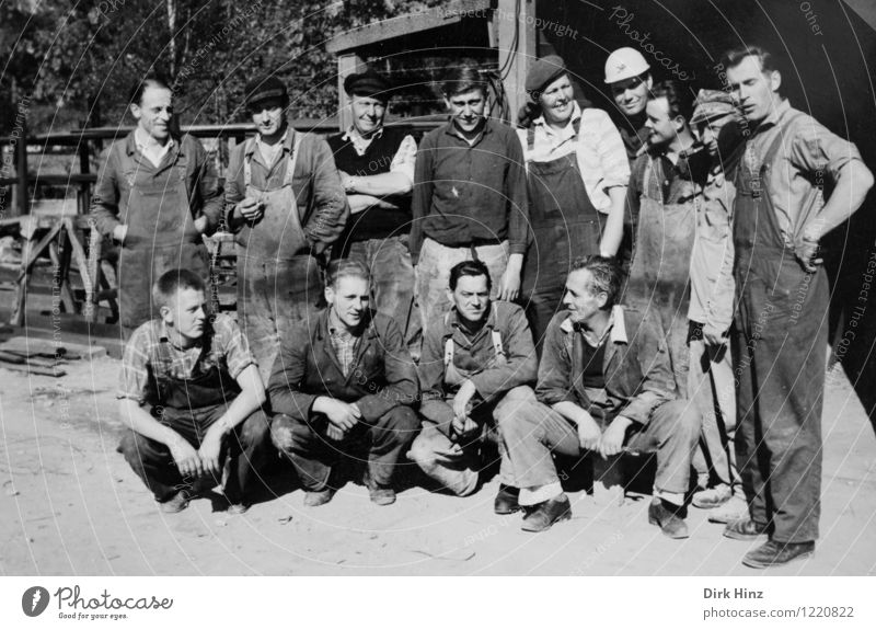 Group photo with craftsmen in the 1960s Work and employment Craftsperson Construction site Craft (trade) Business Human being Masculine Man Adults Old Authentic