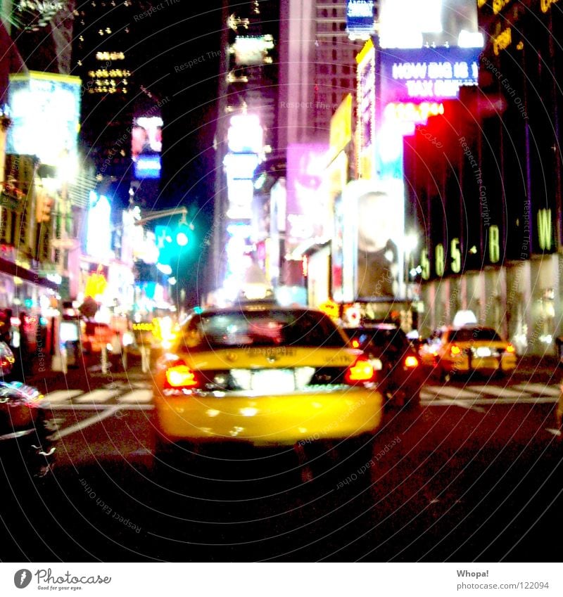Taxi!!!!! Night In transit Multicoloured Neon sign Night life Joie de vivre (Vitality) New York City Going out Yellow Downtown Light Haste Joy yellow cab Street