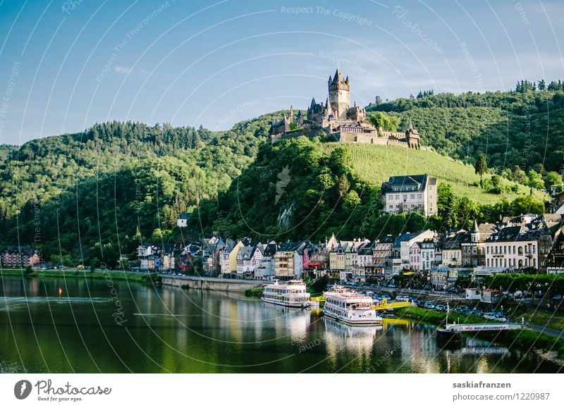 Cochem Environment Nature Landscape Water Sky Cloudless sky Summer Beautiful weather Forest Hill River bank Village House (Residential Structure) Castle
