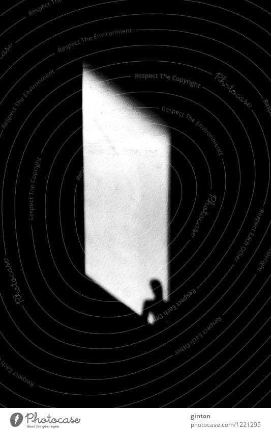 Silhouette in the window Human being Body Head Stone Concrete Observe Stand Dark Sharp-edged Black White Emotions Loneliness Illustration Shaft of light