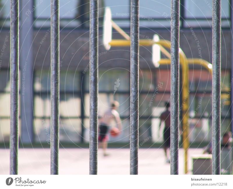 imprisoned Playing Sports Schoolyard Grating Basketball basket Fence Captured tribble Colour photo Multicoloured Exterior shot Day Blur Shallow depth of field