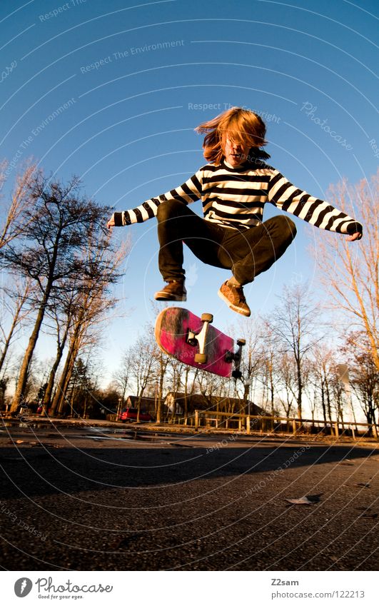 360 Flip III Moody Action Skateboarding Contentment Kickflip Jump Striped Tar Concrete Light Tree Wide angle Youth (Young adults) Sports Puddle Reflection Speed