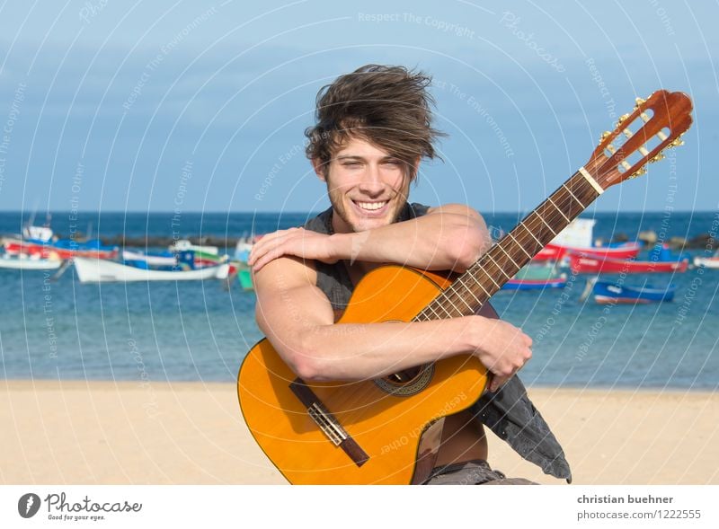 the guitar and the sea Vacation & Travel Adventure Freedom Summer Summer vacation Beach Ocean Waves Young man Youth (Young adults) 18 - 30 years Adults