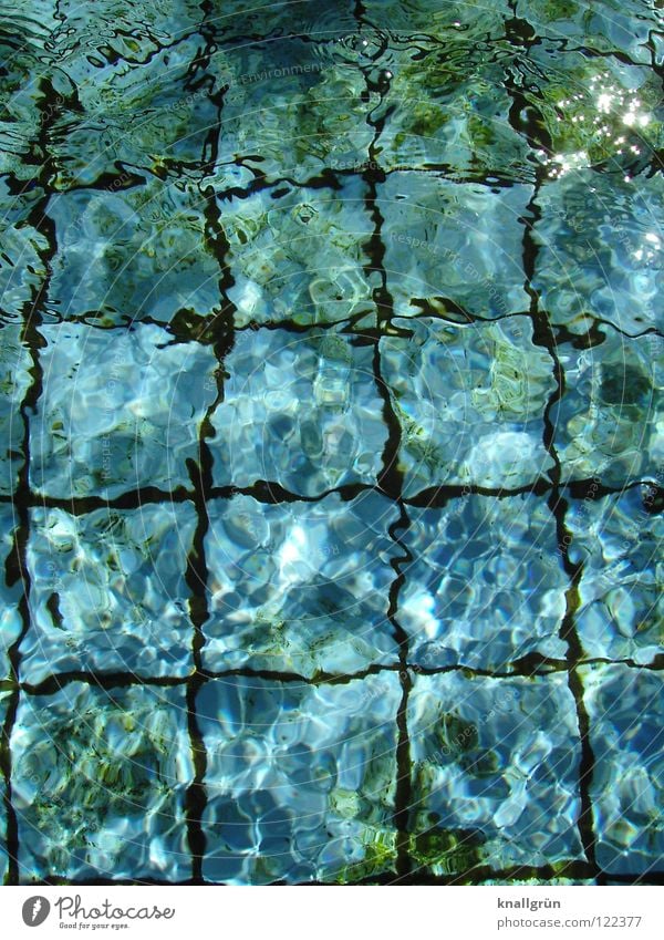 shimmer Summer Swimming pool Light Green Square Algae Wet Dark Physics Refrigeration Water Joy Shadow Blue Seam Reflection Blur Bright summer feeling Warmth