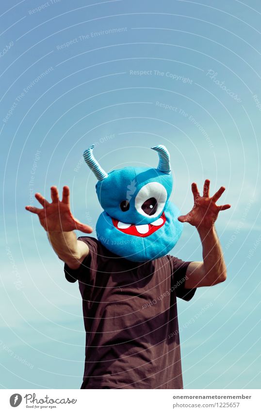 scarry Art Work of art Esthetic Monster Extraterrestrial being Ogre Monstrous Blue Mask Costume Carnival costume Disguised Scare Hallowe'en Hand Grasp