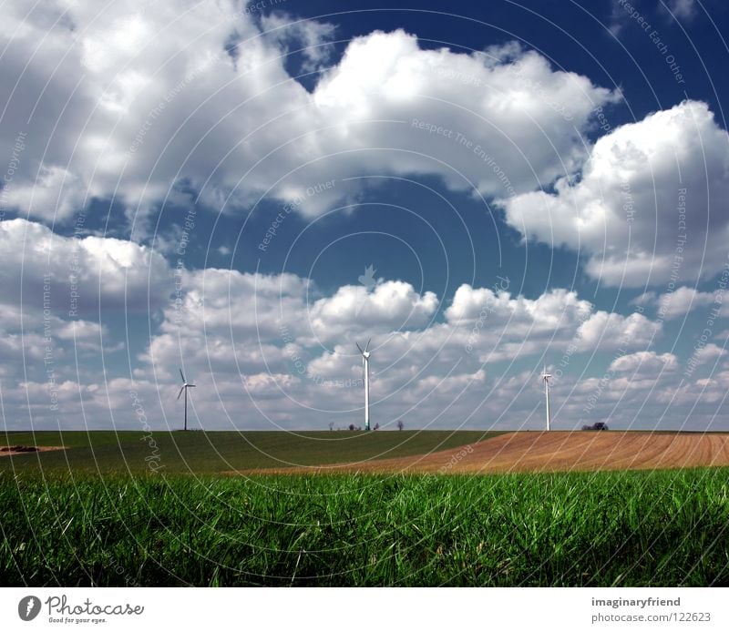windmills Field Grass Agriculture Wind energy plant Science & Research Electricity Power Clouds Sky Spring Summer Sowing Electrical equipment Technology