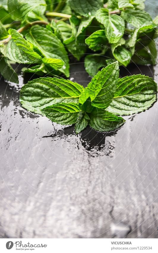 Fresh mint on a wet table Food Herbs and spices Organic produce Style Design Alternative medicine Healthy Eating Life Garden Table Fragrance Nature Mint