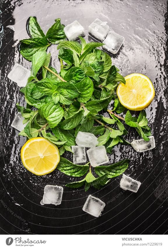 mint, lemon and ice cubes for a soft drink Food Fruit Herbs and spices Organic produce Beverage Lemonade Style Design Healthy Eating Life Table Fragrance Mint
