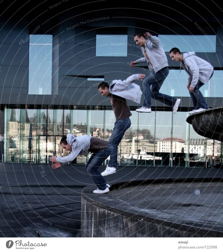 the sandybrunnenjump Jump Photography 4 Man Hop Places Lucerne Building Mirror Stunt Stuntman Montage Row Snapshot Traffic infrastructure Playing Image Multiple