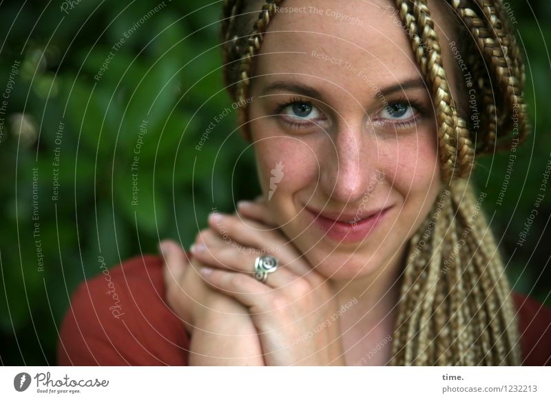 . Feminine Woman Adults 1 Human being Park Shirt Ring Blonde Long-haired Braids Dreadlocks Observe Smiling Looking Beautiful Happy Contentment