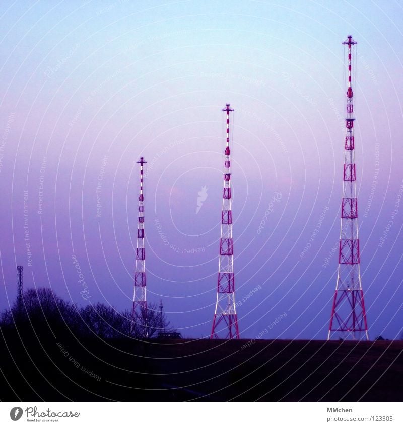 On the air Transmitting station Television Pastel tone Sky blue Dark 3 Tree Bushes Field Vantage point Cold Sunrise Media Landscape Tower Radio (broadcasting)