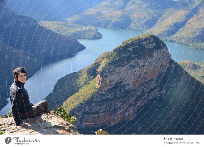 panorama Human being Feminine Young woman Youth (Young adults) 1 18 - 30 years Adults Nature Landscape Rock Lakeside River bank Bay Brave Fear of heights Valley