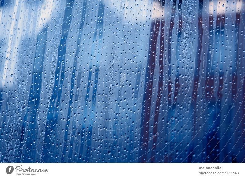 drops Wet Window Stripe Transparent White Red Brown Cold Physics Water Drops of water Blue Glass Warmth Rain Erudite Steam Interior shot