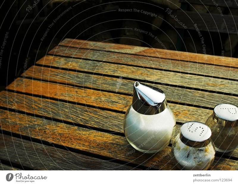 table Salt caster Pepper caster Sugar Table Herbs and spices Wood Brown Gastronomy Café Sidewalk café Jug Waiter Summer Services salt cell Sugar bowl