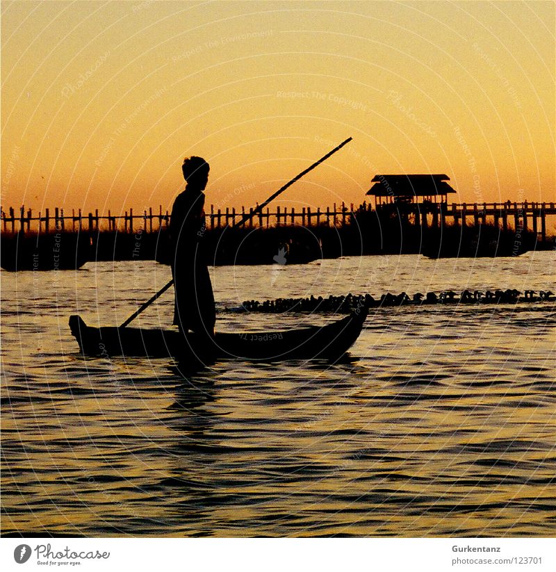 Burmese Nut Shell Myanmar Fisherman Watercraft Lake Sunset Dusk Asia Stick Navigation Bridge Beautiful Motor barge Gold Shadow Silhouette