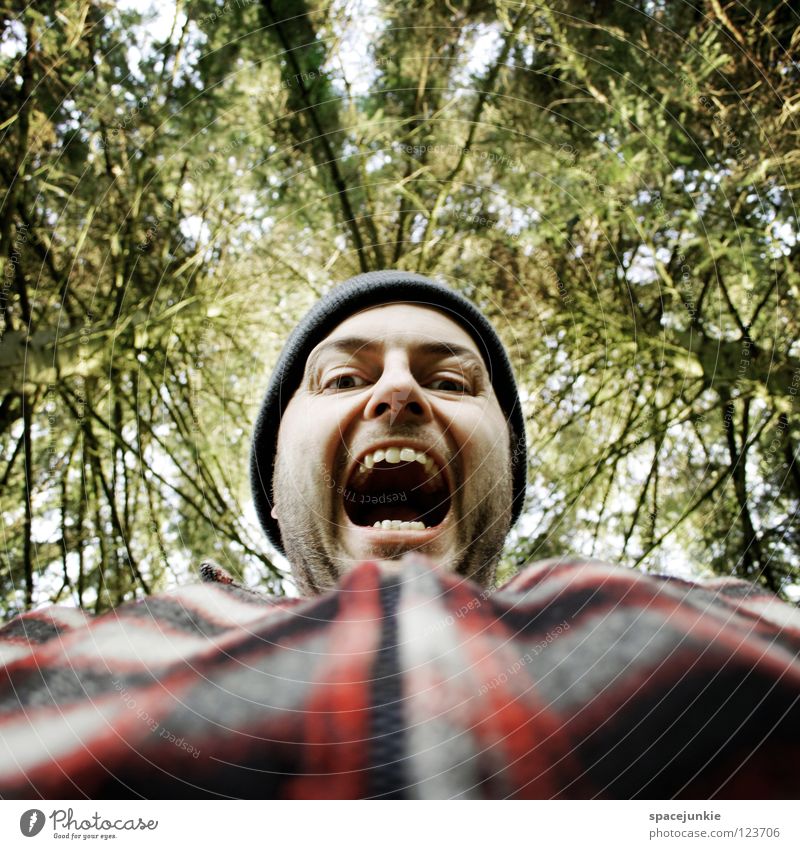 In the forest Forest Tree Man Profession Wood Panic Accident Aggravation Evil Aggression Freak Portrait photograph Anger Redneck Unfair Beast Heartless