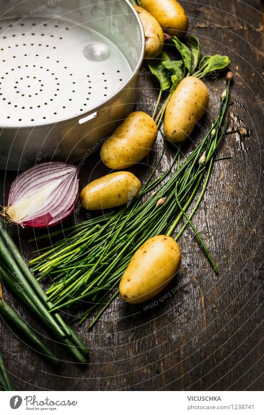 Preparing young potatoes on a wooden table Food Vegetable Herbs and spices Nutrition Lunch Dinner Organic produce Vegetarian diet Diet Style Design