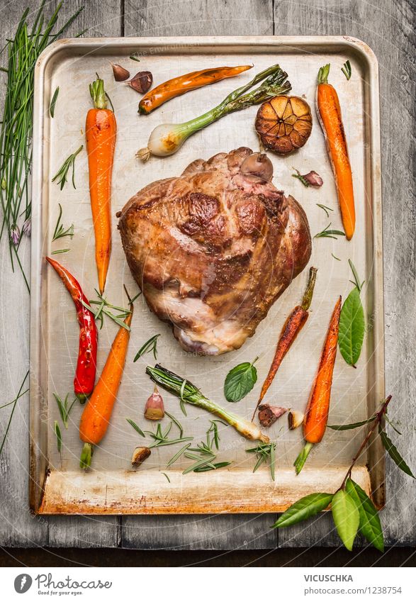 Leg of lamb roast with vegetables and herbs Food Meat Vegetable Herbs and spices Nutrition Dinner Banquet Organic produce Style Design Healthy Eating Life