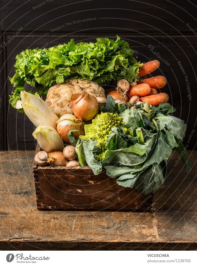 Old wooden box with garden vegetables Food Vegetable Lettuce Salad Nutrition Lunch Dinner Organic produce Vegetarian diet Diet Style Design Healthy Eating Life