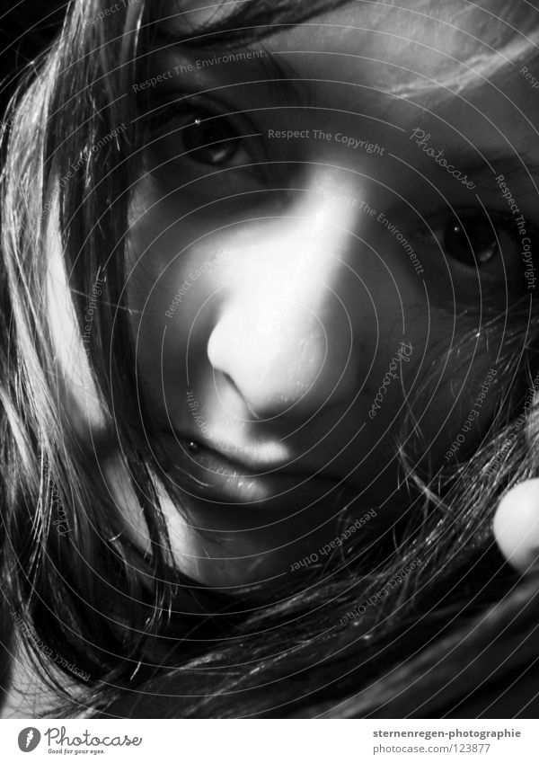 . Black-haired Longing Touch Self portrait Face of a woman Grief Woman Eyes black eyes Black & white photo Near situation hair