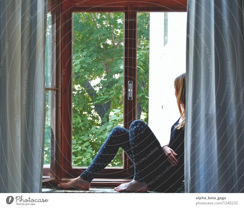 . Bedroom Feminine Young woman Youth (Young adults) Woman Adults Life 18 - 30 years Curiosity Longing Wanderlust View from a window Window Vantage point Summer
