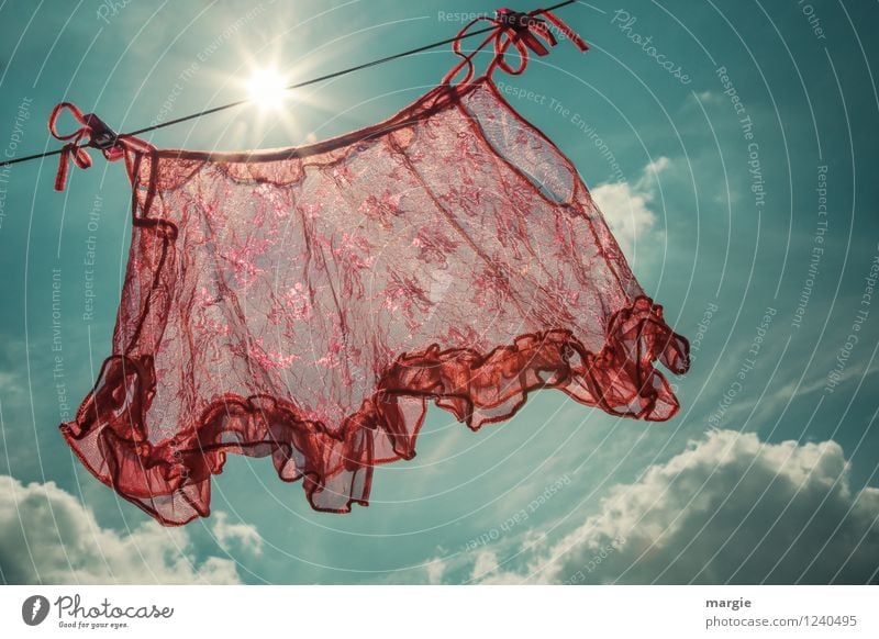 A red ladies - shirt flutters on a clothesline in the wind, the sun is shining Sky Clouds Storm clouds Sun Beautiful weather Bad weather Wind Fashion Clothing