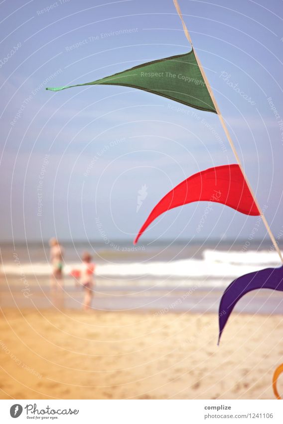A summer day Children's game Vacation & Travel Tourism Summer Summer vacation Sun Sunbathing Beach Ocean Waves Idyll Retro Vintage Water wings Flag Summer's day