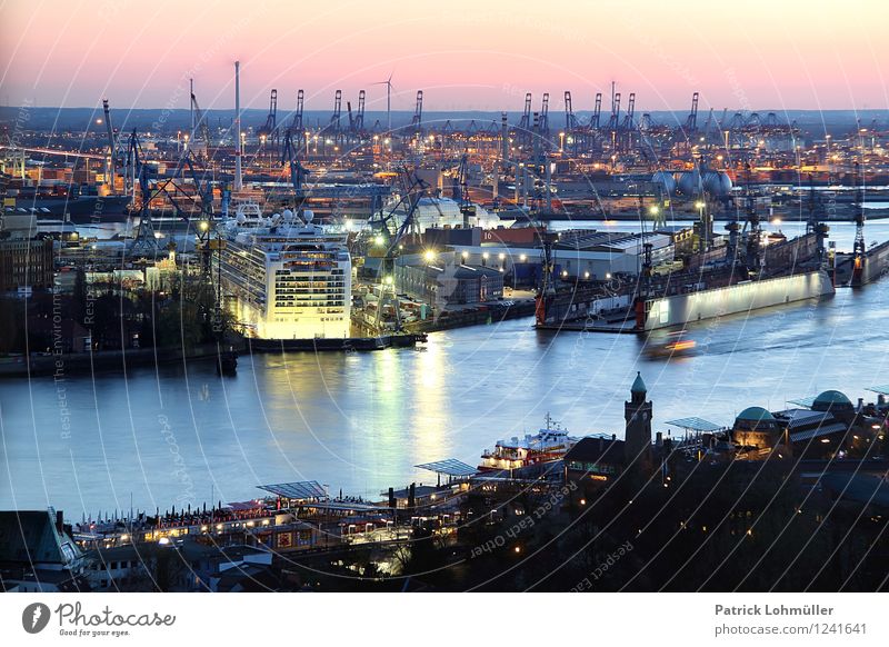 Port of Hamburg Workplace Industry Trade Logistics Architecture Environment Water Cloudless sky Horizon Sunlight Beautiful weather River bank Elbe Germany